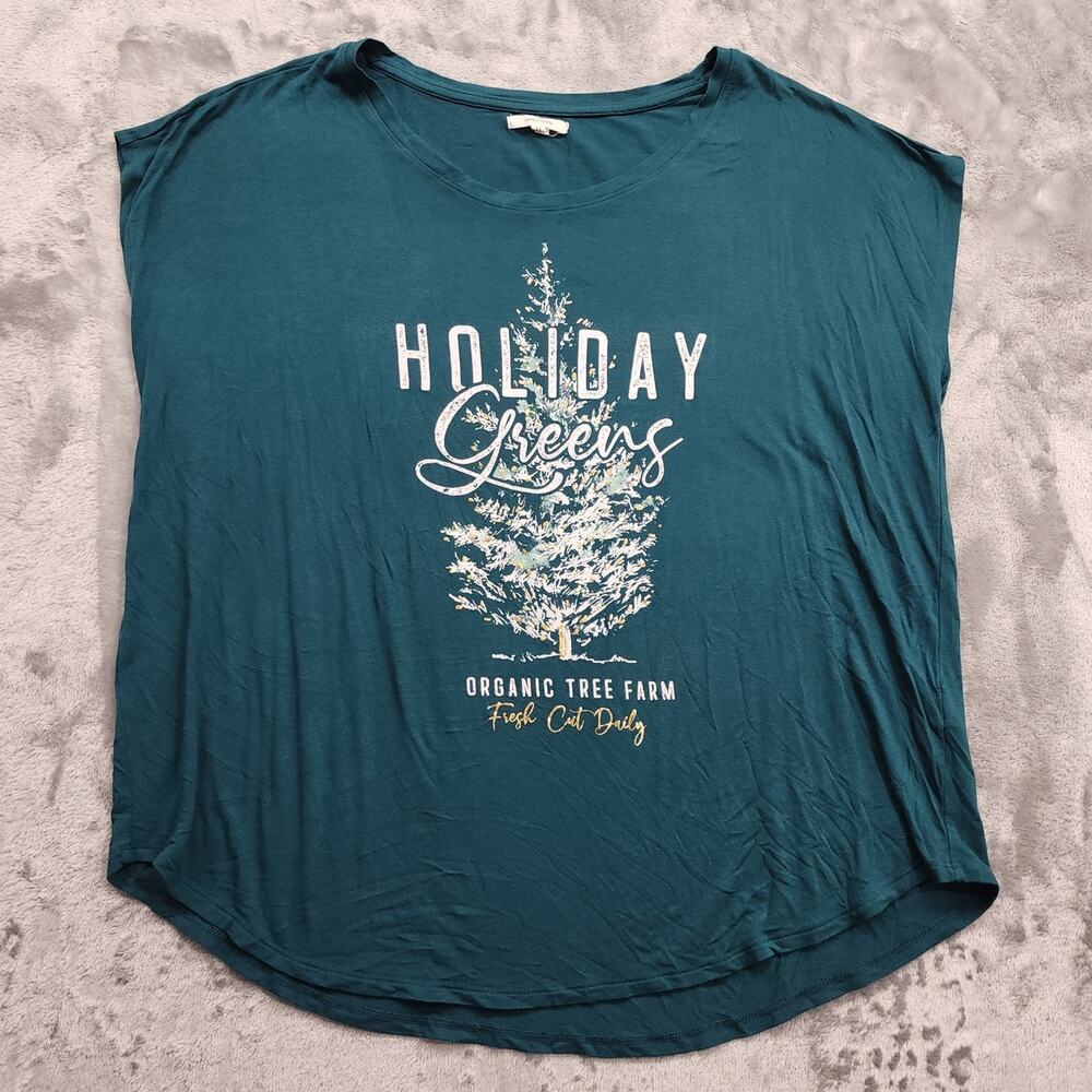 Maurices Top Womens 1X Hunter Green Scoop Neck Pullover Holiday Christmas Tree